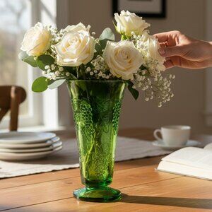 Vintage olive-green footed grapevine vase, pressed glass, embossed grapes, retro